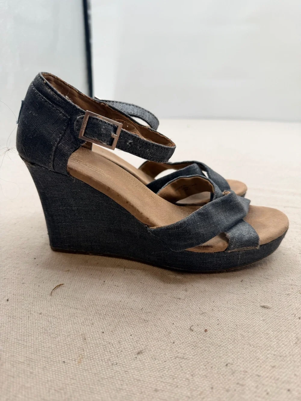 Toms Dark Denim Blue Wedge Sandals with Ankle Strap